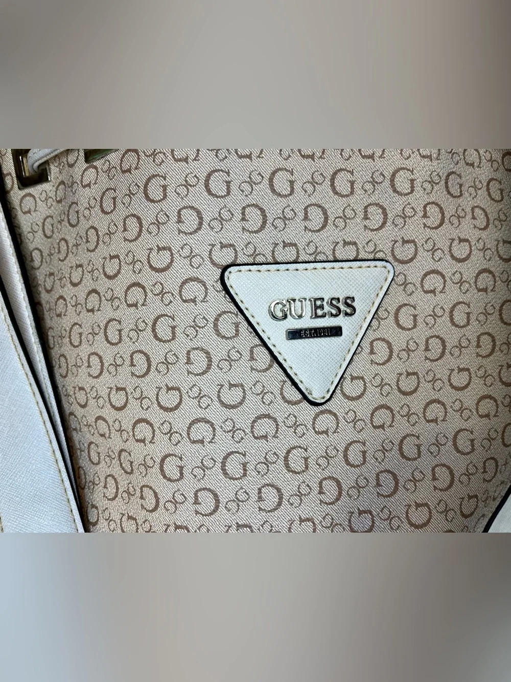 Guess Small Crossbody Bucket Bag, Monogram, Signature, Ivory, Coated, Adjustable